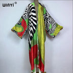 WINYI Catwalk Kimono Women Printed bubble hem coat Long Sleeve Cardigan abaya dubai luxury beachwear Cover Up boho dress Caftan - Matrix-studios.com