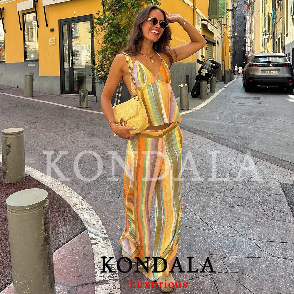 KONDALA Sweet Casual Women Pants Suit Stripe Sleeveless Backless Halter Top Long Zipper Pants Fashion 2026 Summer Fall Boho Suit - Matrix-studios.com