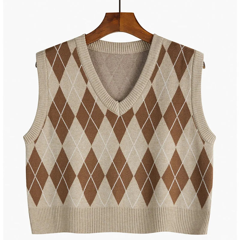 Autumn Fashion Female Vintage Plaid Sweater Vests Women's Tank Tops Knitted Crop Top Women Sleeveless Knitted Vest Waistcoat - Matrix Studios