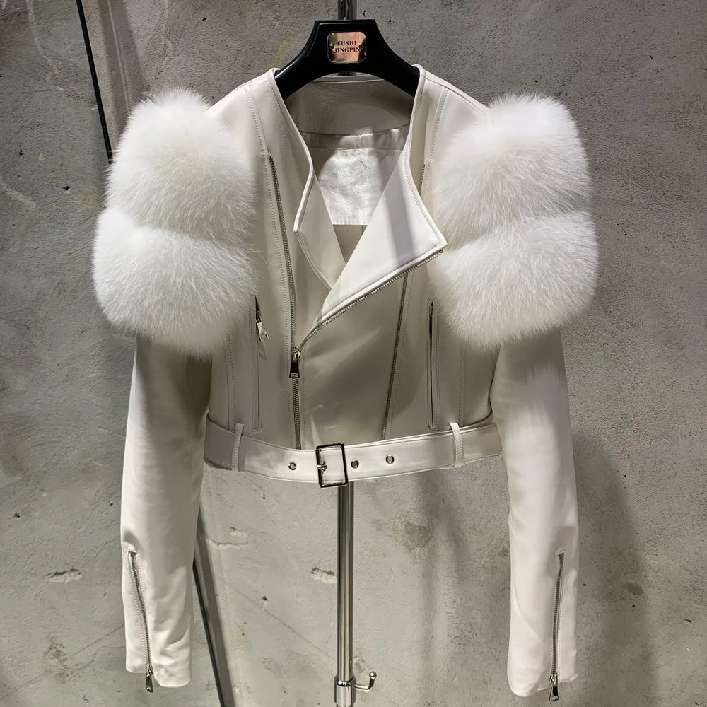 Leather Jacket Factory Ladies Short Leather Jacket Real Fox Fur Sleeve Coat Women Autumn 21001 - Matrix Studios
