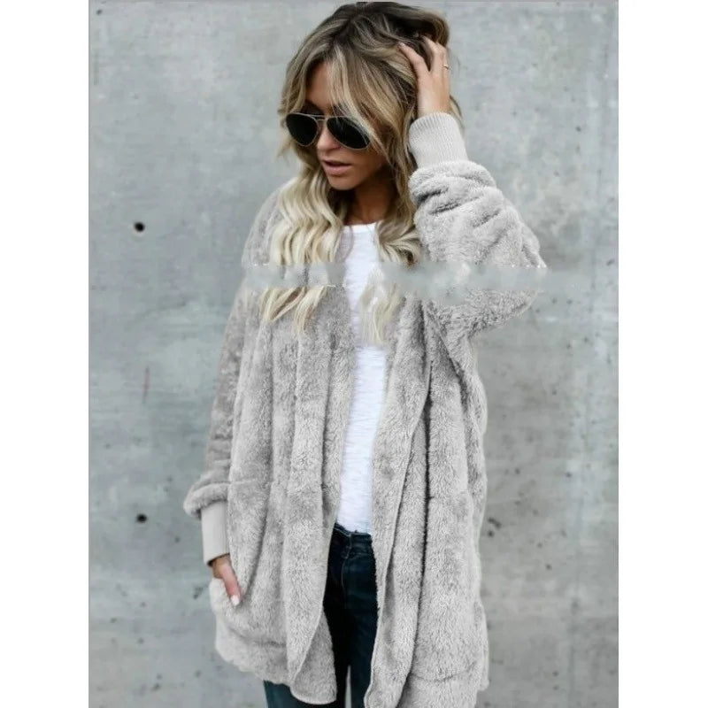 Women Autumn Winter Double-faced Fur Fleece Faux Fur Medium Style Hooded Warm Thick Coat Casual Solid Long-sleeved Fur Overcoat - Matrix Studios