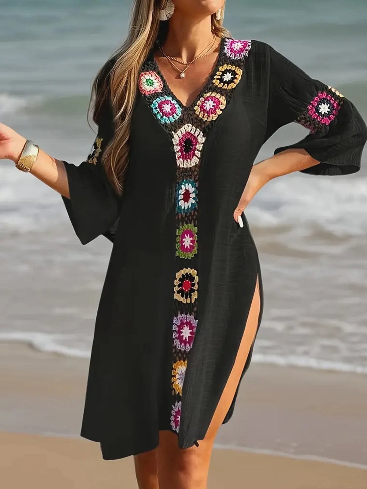 Fashion Style Hand Crochet Flower Block Beachwear Cover Up Beach Holiday Casual See-Through Dress Breathable Sunscreen Smock - Matrix Studios
