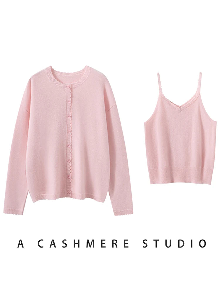 CHICUU Women's 100% Cashmere Sweater Vest Cardigan Set O-neck Long Sleeve Cardigan tank Vest Grace Simple Cashmere Knitted Suit - Matrix Studios
