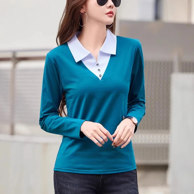 European Station Long sleeved T-shirt Women's Spring/Summer New High end Fashion Contrast Color Polo Neck Slim Fit Casual Top - Matrix-studios.com