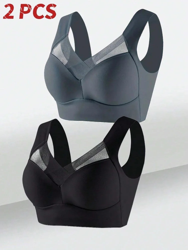2PCS Women Lace Sport Bras Plus Size Seamless Bra Bralette Backless Lady Brassiere Vest Female Gather Shock-Proof Wireless L-3XL - Matrix Studios