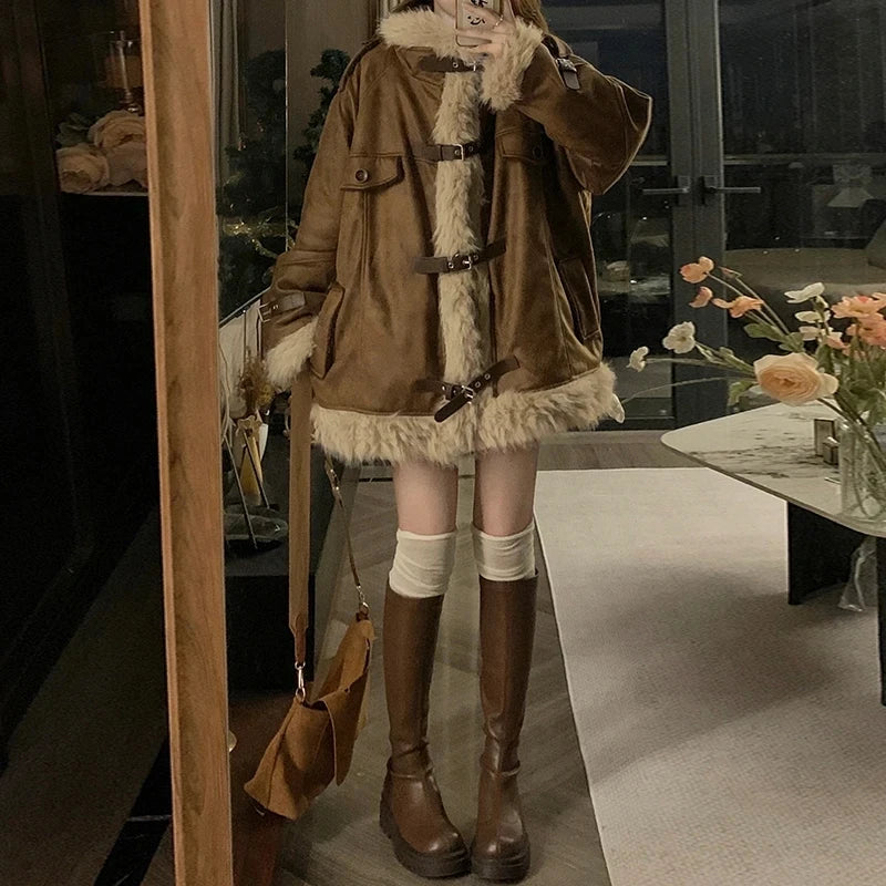 New Retro Fur Leather Lambskin Suede Jacket Women Winter Warm Thicken Loose Motorcycle Cotton Jacket Women Plus Velet Fur Coat - Matrix Studios