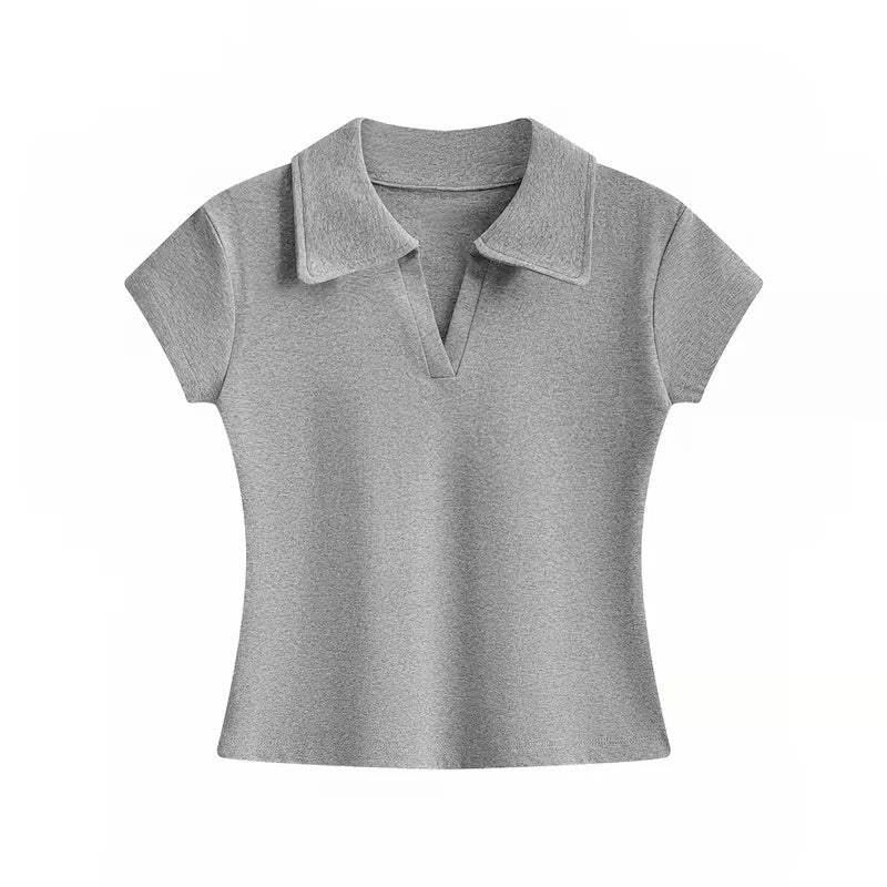 Minimalist Versatile Casual Top 2026 Summer New Solid Color Ribbed Polo Collar Women T-shirt Korean Style Slim Short Sleeve Tee - Matrix-studios.com