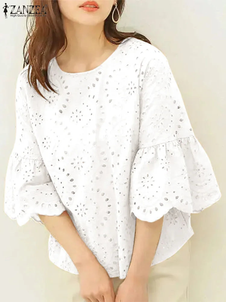 ZANZEA Fashion Summer 3/4 Sleeve Hollow Out Blouse Women Elegant Lace Crochet Tops Casual Loose Embroidery Shirt Work Blusas - Matrix-studios.com