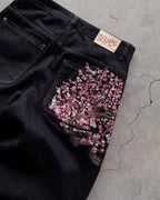 Y2K Vintage Low Waist Hip Hop Cherry Blossom Embroidered Jeans  Wide Leg Trousers Clothes Mens Embroidered Baggy Jeans Womes - Matrix Studios