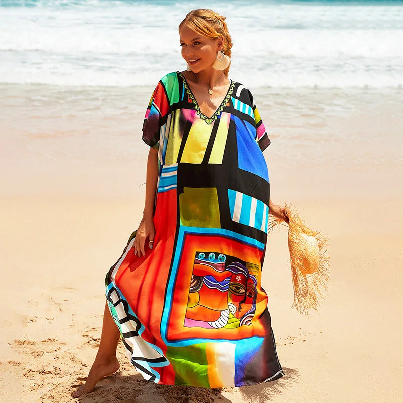 Plus Size Swimsuit Kaftans Beach Cover Ups Colorful Outfits Dress Bathing Suit for Women Vacation Outfits - Matrix Studios