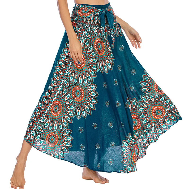 Boho Skirts Women Rayon Beach Long Dress Summer Bohemian Jupe Longue Femme Elastic Waist Print Floral Bandage Halter Hippie - Matrix Studios
