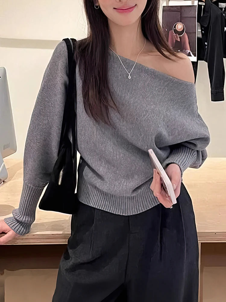 Batwing Long sleeve Knitted Pullover Women 300g Thick Off shoulder Top Korean Fashion Sweater Loose Casual Autumn Outwear Pull - Matrix Studios
