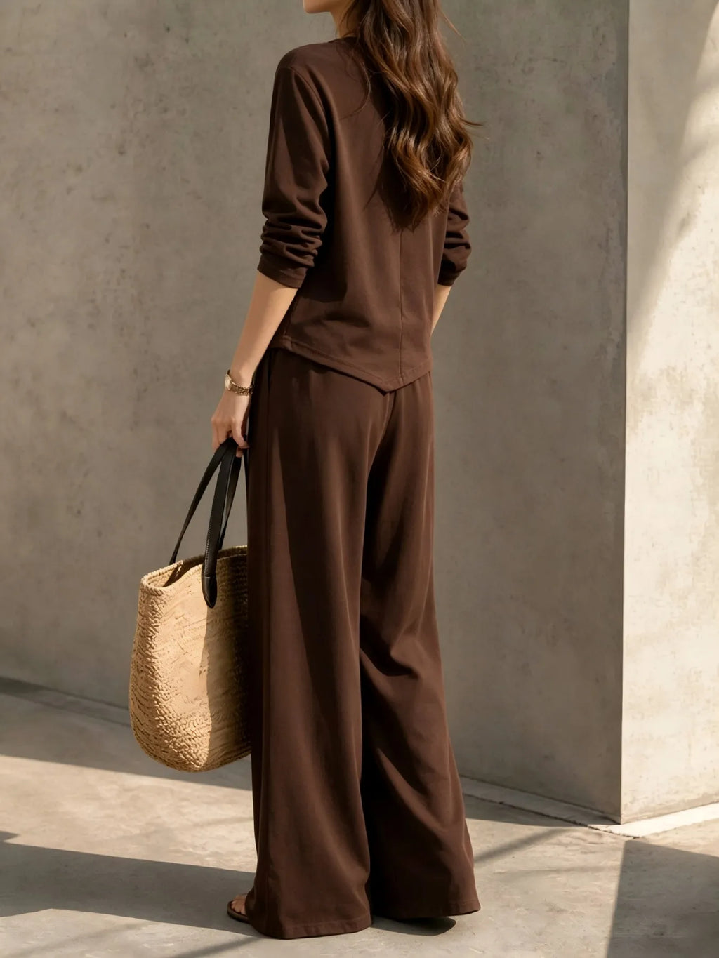 Women 2 Piece Outfit Set, Long Sleeve Irregular Hem Crewneck Top & Elastic Waist Wide Leg Pants, Casual Loose Matching Loungewear For Daily Travel - Matrix-studios.com