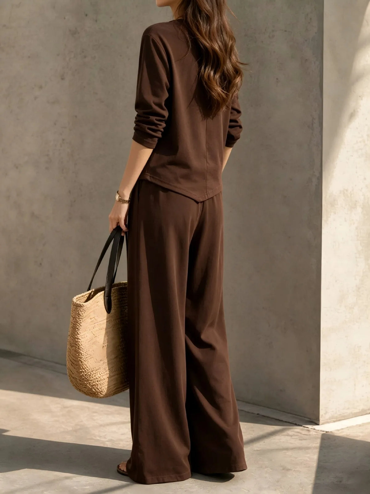 Women 2 Piece Outfit Set, Long Sleeve Irregular Hem Crewneck Top & Elastic Waist Wide Leg Pants, Casual Loose Matching Loungewear For Daily Travel - Matrix-studios.com