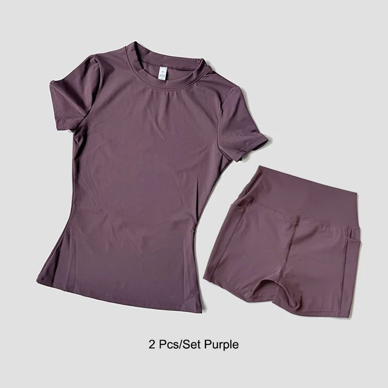 Sports Sets Fitness Hip-lifting Tight Top Short Sleeve Running Workout Gym Shorts Tracksuits For Women Breathable Sports Suits - Matrix-studios.com