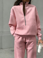 Women Half Zip 2 Piece Tracksuit Set, Stand Collar Long Sleeve Sweatshirt With Pocket & Elastic Waist Jogger Pants, Casual Loose Matching Loungewear Outfit