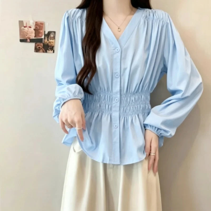 200 Pounds Plus Size Elastic Waist Office Lady Trend Shirt And Blouse Solid Color Top Women Clothing V-neck French Chic Basics - Matrix-studios.com