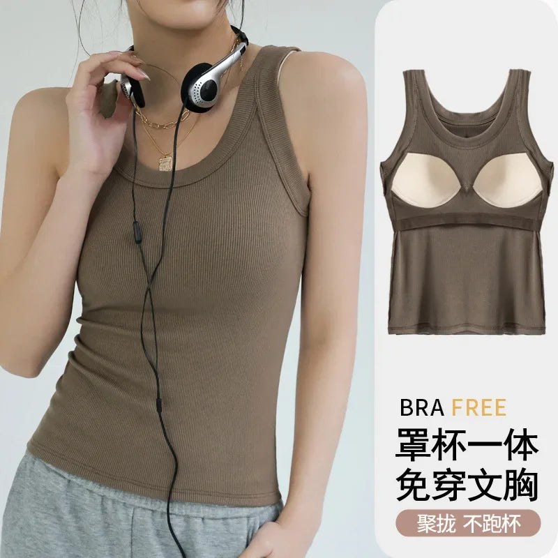 New Women Solid Round Neck Ribbed Tank Top Camisole Women Summer Basic Elastic TankTop One-piece Vest with Chest Pad Y2k - Matrix-studios.com