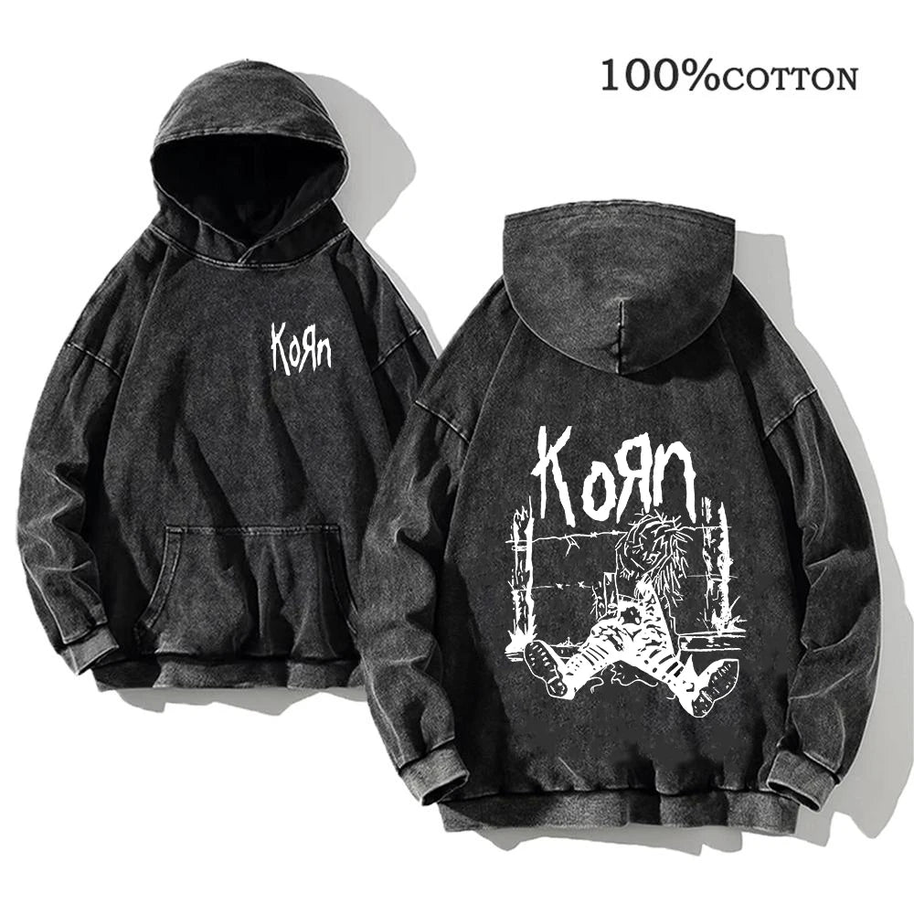 Korn Rock Band World Tour Hoodies Vintage Washed Men's Sweatshirts Cotton Hip Hop Streetwear Hooded Pullover Loose Y2K Tops - Matrix Studios