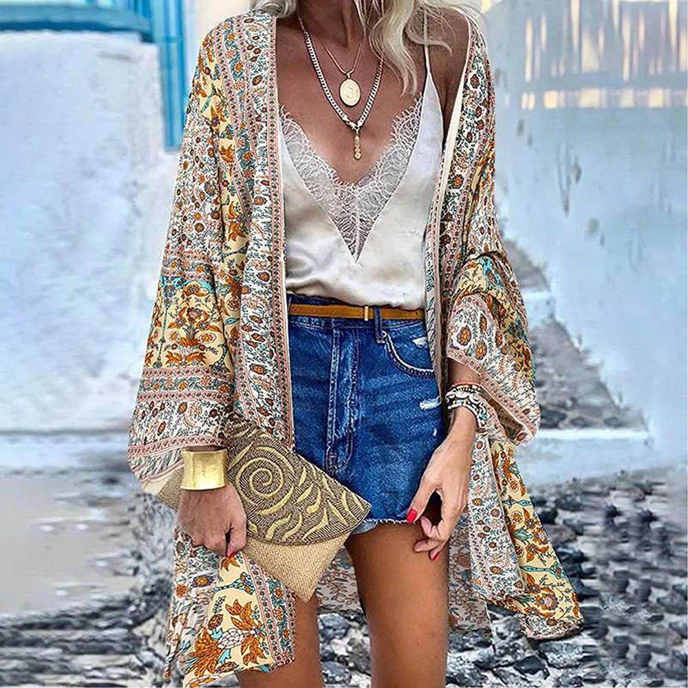 WeHello 2023 Summer Bohemian Casual Cloak Cardigan for Swimsuit woman Beach Swimwear Tops Long Sleeved Shawl Chiffon Shirt - Matrix Studios