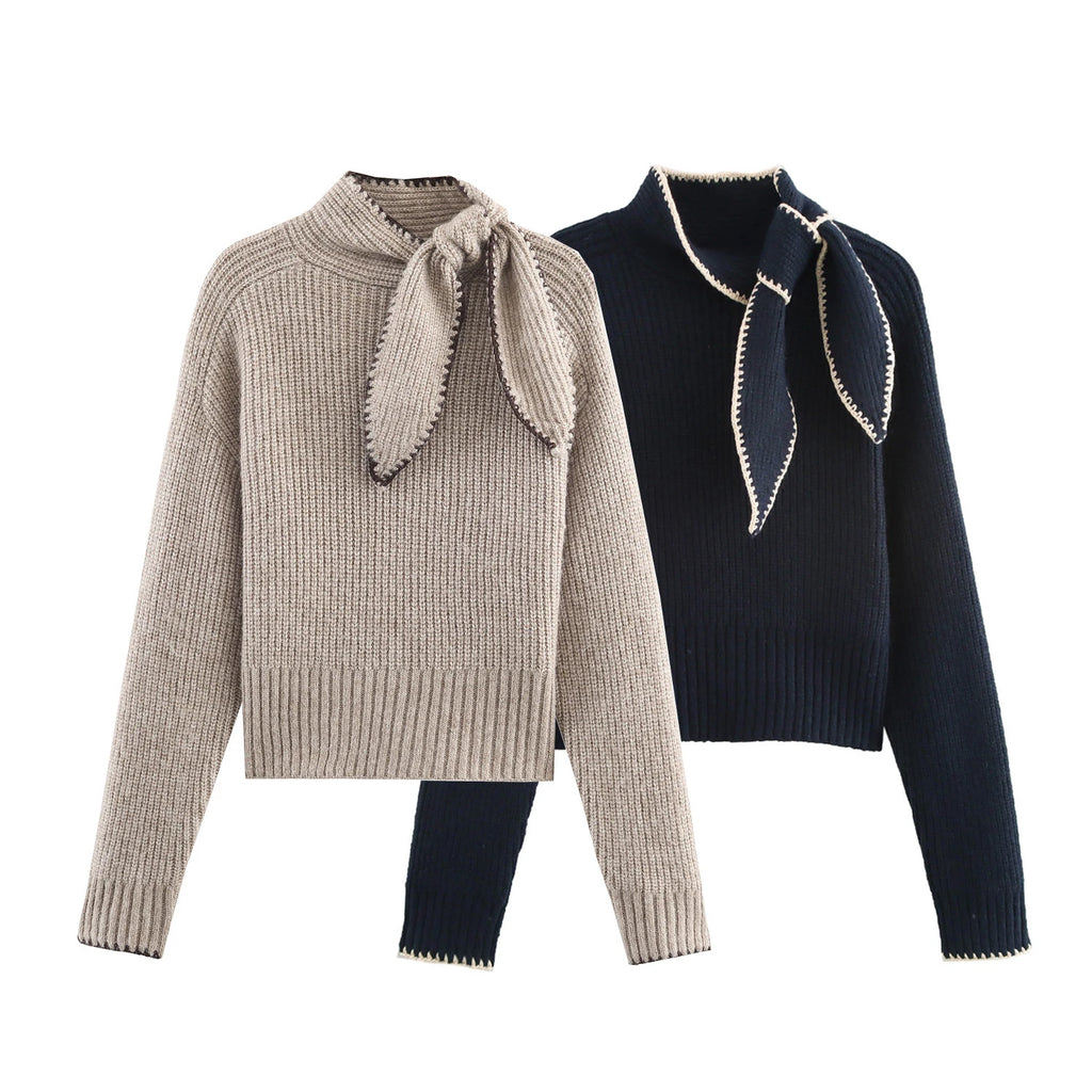 2025 Winter New Sweet and Fashionable Stand up Collar Long Sleeve Bow Decoration Knitted Sweater for Women - Matrix Studios