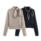 2025 Winter New Sweet and Fashionable Stand up Collar Long Sleeve Bow Decoration Knitted Sweater for Women - Matrix Studios