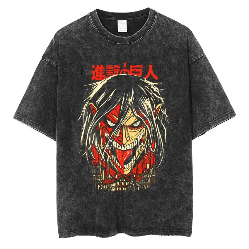 Anime Attack on Titan Vintage Washed Print T-shirt Mikasa Ackerman Eren Jaeger Wings of Freedom Logo Mens Summer Cotton T-shirts - Matrix Studios