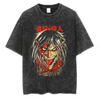 Anime Attack on Titan Vintage Washed Print T-shirt Mikasa Ackerman Eren Jaeger Wings of Freedom Logo Mens Summer Cotton T-shirts - Matrix Studios