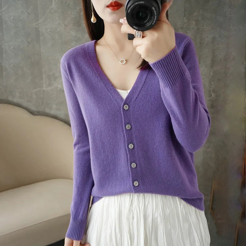 Cardigans Women 2025 Autumn Single Breasted V-neck Knitted Sweater Fashion Short Knitwear Solid Blue Green Pink Women's Jumpers - Matrix Studios