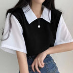 New Women Polo Shirt Summer Women Fake Two-Piece Color-Blocked Short Sleeve Loose Top Girls Casual Basic Shirt Adult Polo Shirt - Matrix-studios.com