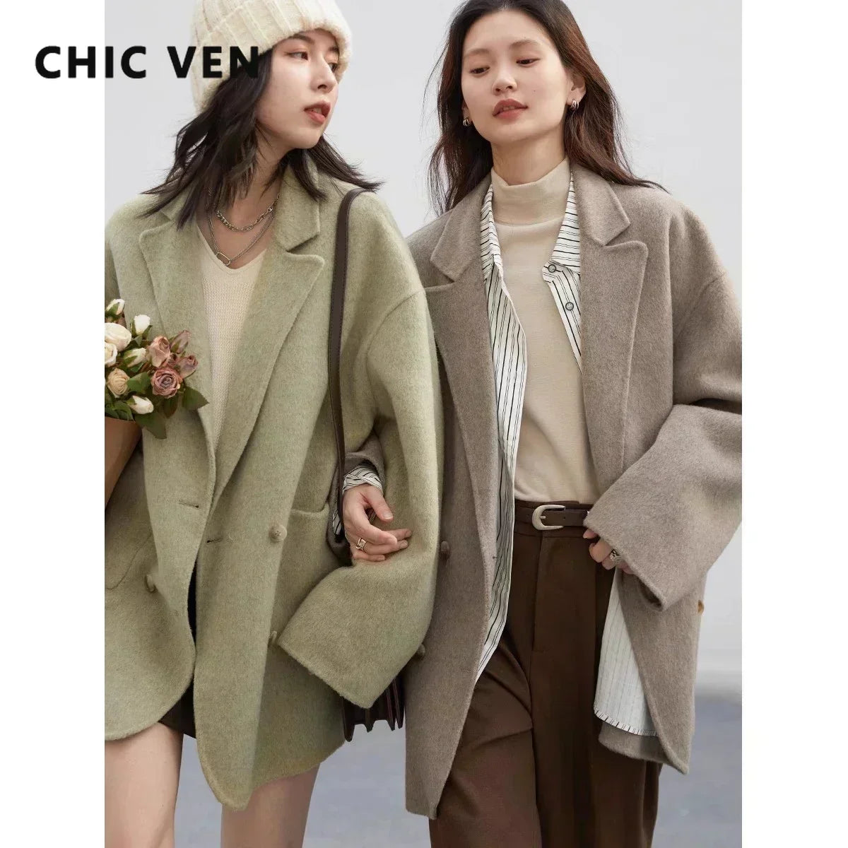 CHIC VEN Women's Woolen Coats Loose Casual Double Breasted Retro Double-sided Jacket Office Lady Outerwear Autumn Winter 2026 - Matrix-studios.com