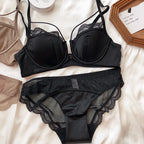 Sexy Hollow Front Buckle Bra Women Underwear Set French Lace Thin Cup Bralette Comfort Gather Push Up Bra and Panties Lingerie - Matrix-studios.com