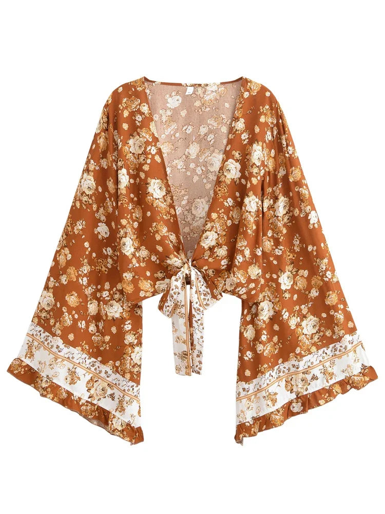 Boho Queens Women Wild Floral 2025 Beach Summer Short Kimono Ruffles Flare Sleeves Vacation Bohemian Bikini Boho Cover-ups - Matrix Studios