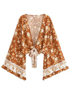Boho Queens Women Wild Floral 2025 Beach Summer Short Kimono Ruffles Flare Sleeves Vacation Bohemian Bikini Boho Cover-ups - Matrix Studios