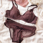 Women Ice Silk Comfort Underwear Sexy Small Breast Push Up Bra Set Detachable Padding Thin Cup Brassiere Intimates Panties Set - Matrix-studios.com