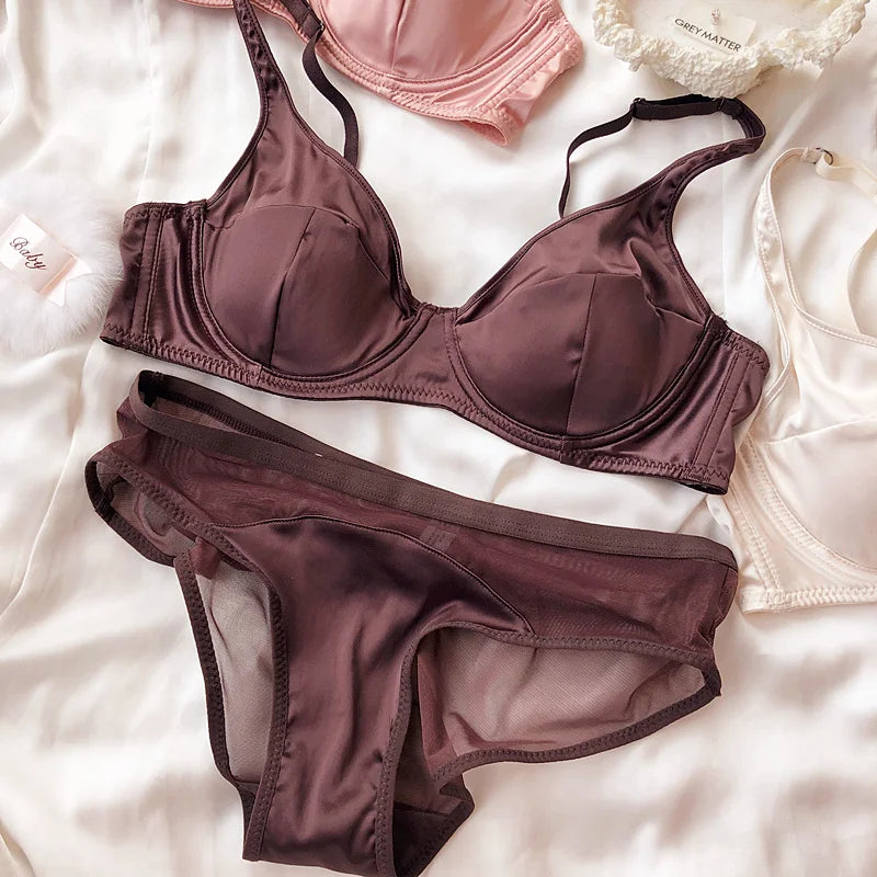 Women Ice Silk Comfort Underwear Sexy Small Breast Push Up Bra Set Detachable Padding Thin Cup Brassiere Intimates Panties Set - Matrix-studios.com