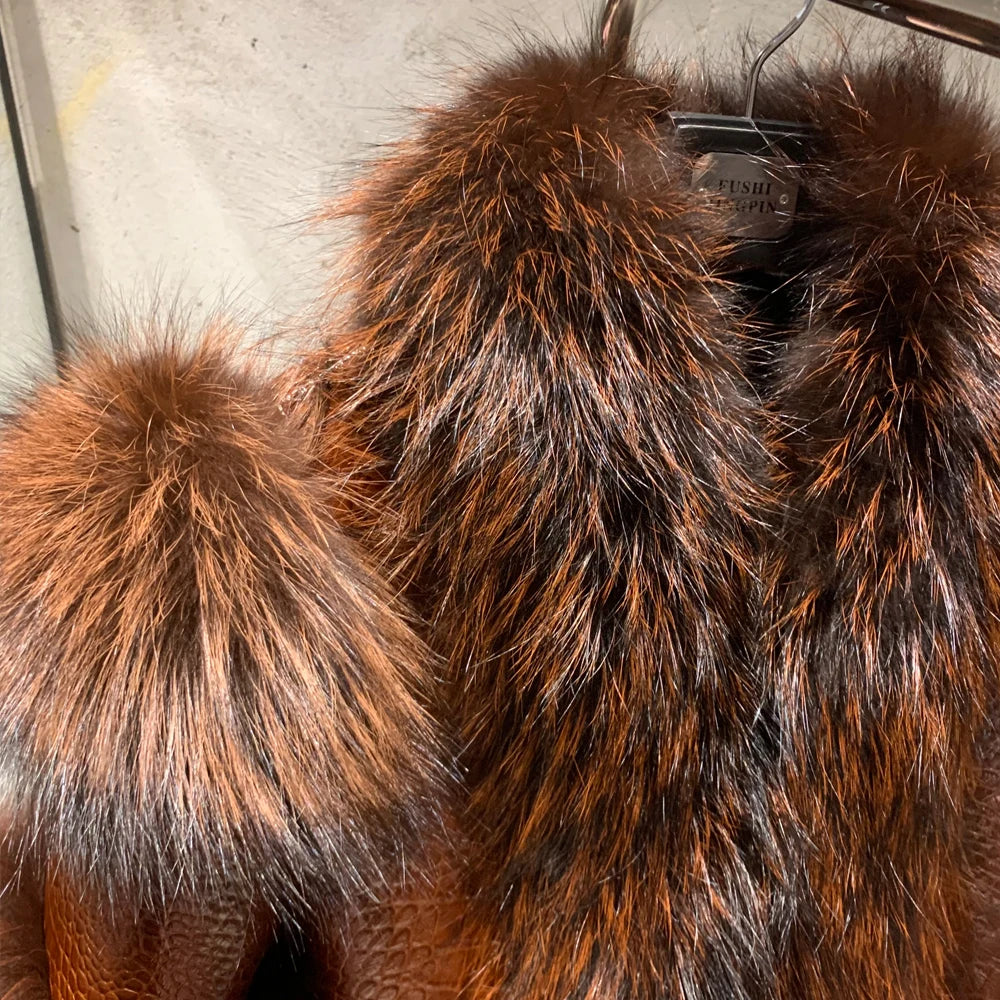 Fur Bomber Ladies New Fashion Jacket Crocdile Sheep Leather With Natural Fur 3573 - Matrix Studios
