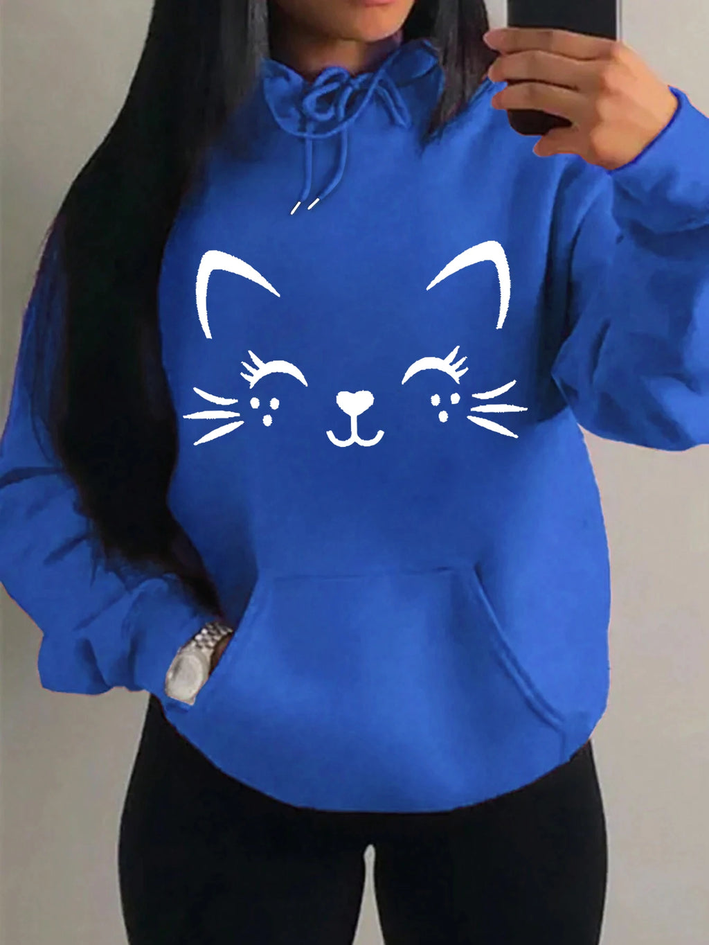 Simple Word Cat Happy Pattern Women Hoodies Fashion Casual Streetwear Personality Hip Hop Hoodie Trendy Fleece Pulloverar