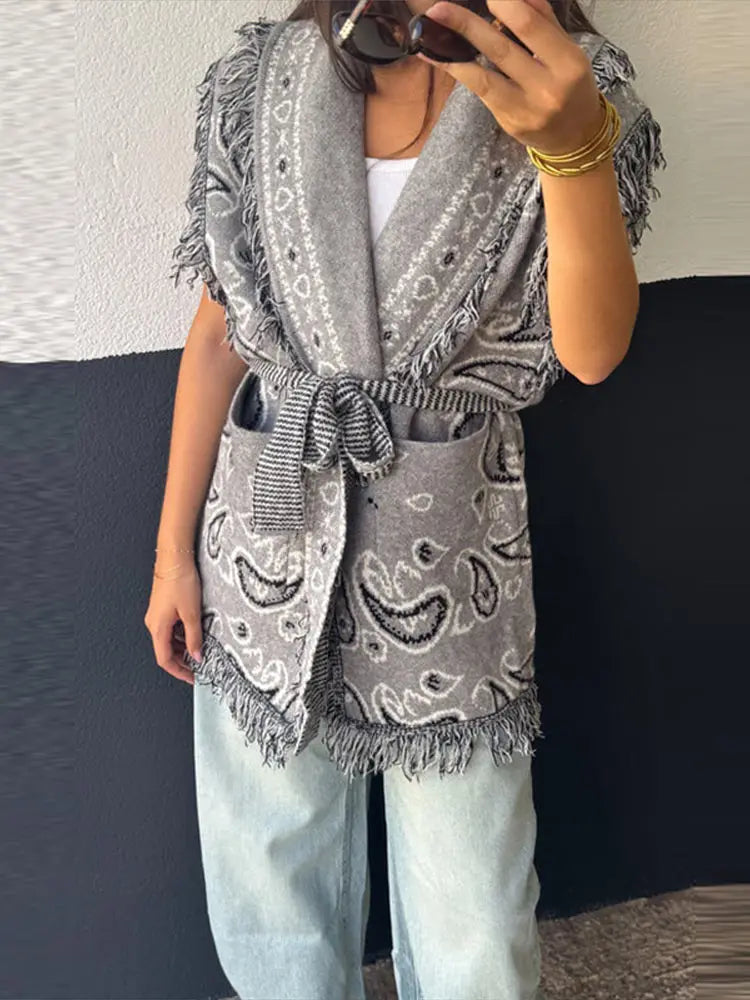 Tassel Patchwork Printed Cardigan Vest Women's Turn-down Collar Sleeveless Knitted Fashion Sweater Vintage 2025 Autumn Cardigans - Matrix Studios