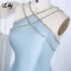 Lily Light Blue Prom Dress Shiny Beading Halter Party Dresses Stain  Sleeveless Celebrity Gowns with Detachable Tail Customized - Matrix-studios.com