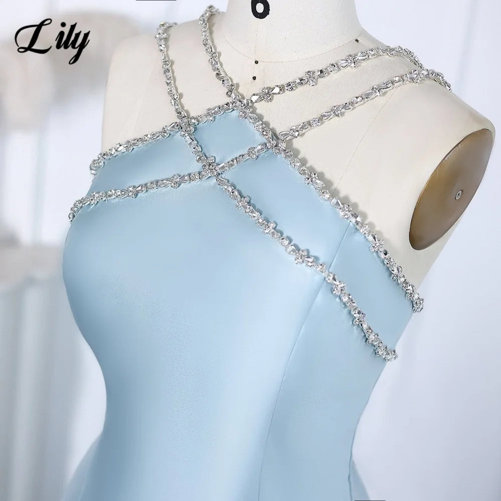 Lily Light Blue Prom Dress Shiny Beading Halter Party Dresses Stain  Sleeveless Celebrity Gowns with Detachable Tail Customized - Matrix-studios.com