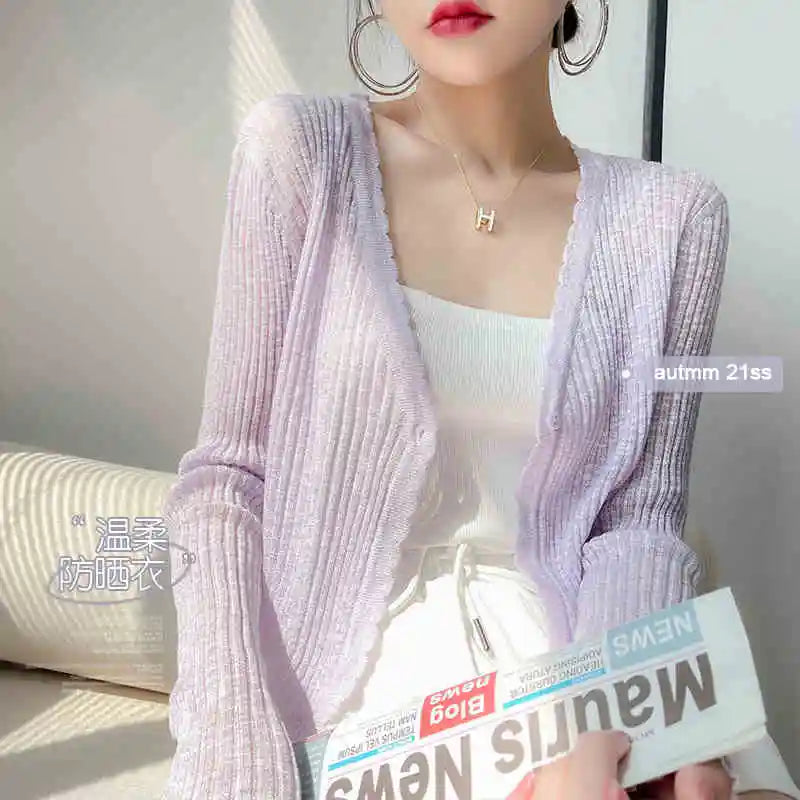 AOSSVIAO 2026 Spring Summer Ice Silk Knitted Thin Women's Cardigan French Style Sun Protection Shawl Sweater Coat Knit Crop Tops - Matrix Studios