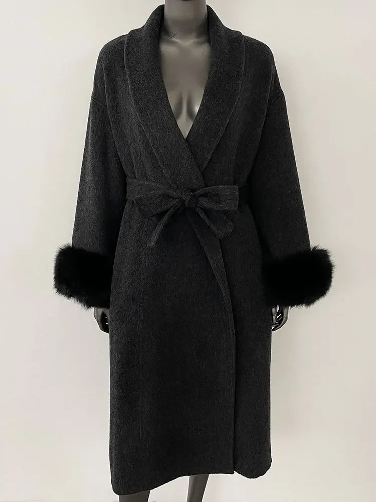 OFTBUY Oversize Loose Autumn Winter Women Coat Real Natural Fox Fur V-neck Woolen Blends Jacket Thick Warm Casual New Overwears - Matrix Studios