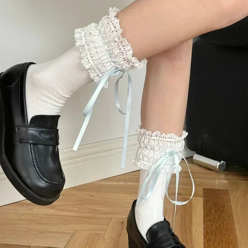 Lolita Over Knee-high Socks Cotton Sweet Lace Bow Ribbon Kawaii Calf-length Socks Thigh-high Stockings JK Cosplay Accessories - Matrix Studios
