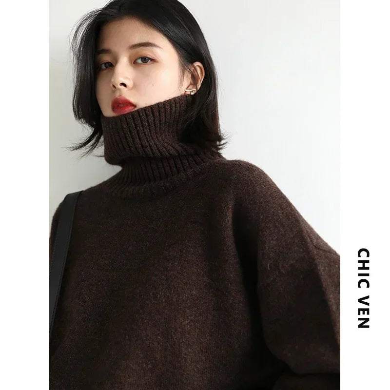 CHIC VEN Korean Women's Sweater Loose Turtleneck Sweaters Warm Solid Pullover Knitwear Basic Female Tops Autumn Winter 2022 - Matrix Studios