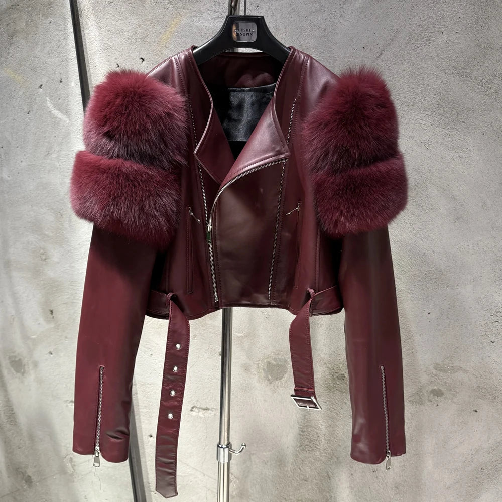 GO BALLISTIC YA Ladies' Genuine Leather Jacket with Fur Sleeve Women's Natural Lambskin Outfit - Matrix Studios
