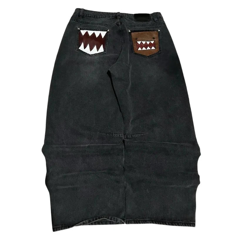 Washed Black Baggy Men Monster Tooth Embroidery Jeans Pocket Wide Leg Denim Pants Y2k Streetwear Hip Hop Loose Trousers Unisex - Matrix Studios