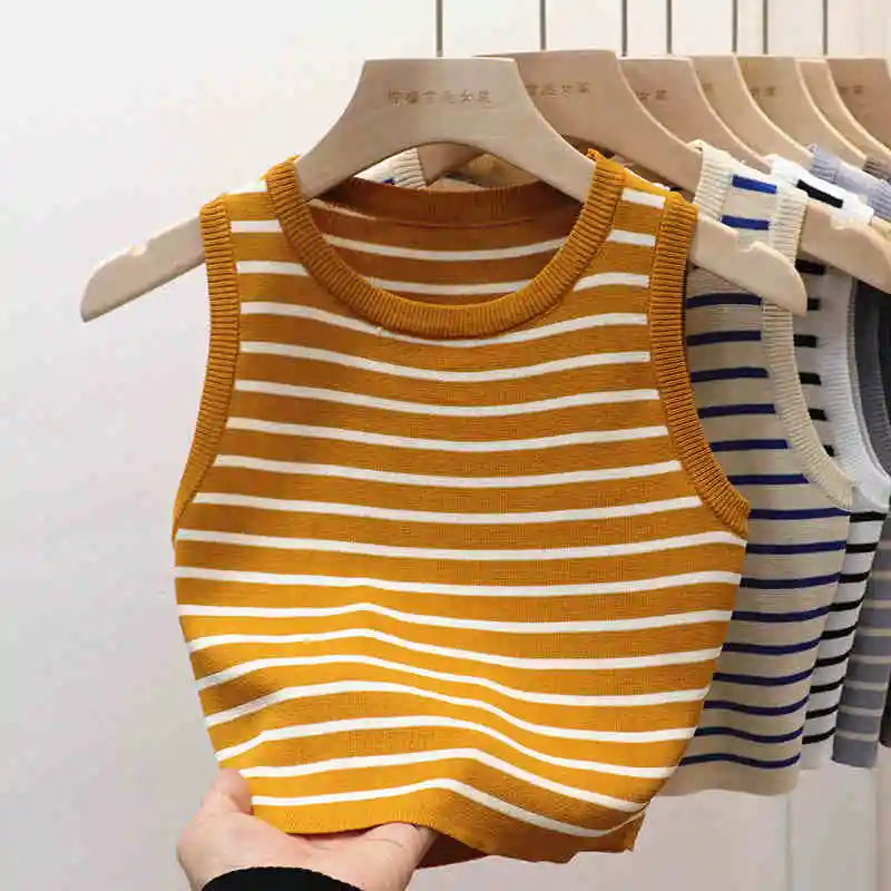 2026 Spring Summer New Sleeveless Ice Silk Knit Tank Top Striped O-Neck Women's Camisole Slim Fit Versatile Sexy Crop Tops - Matrix-studios.com