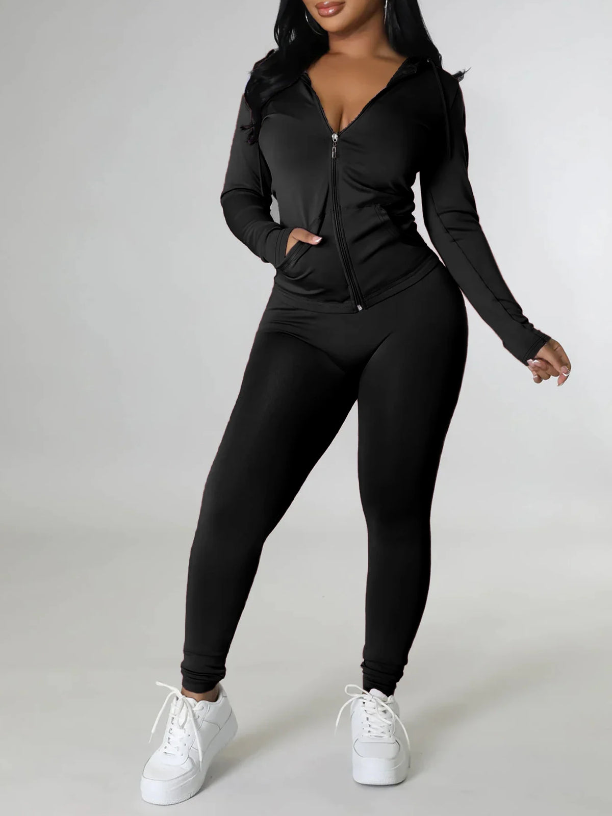 Lightweight Breathable Solid Color Curvy Streetwear Suit, Zip Hoodie Tracksuit Matched With Joggers, Comfortable Casual Oversized Matching Set, Versatile All Seasons Outfit For Yoga Daily Party - Matrix-studios.com