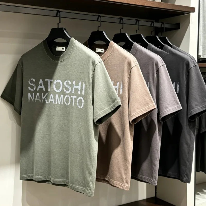 Summer American Street SATOSHI Tshirts Retro Washed Distressed Washed Faded Classic Letter Print Short Sleeve Men Women Tops - Matrix-studios.com